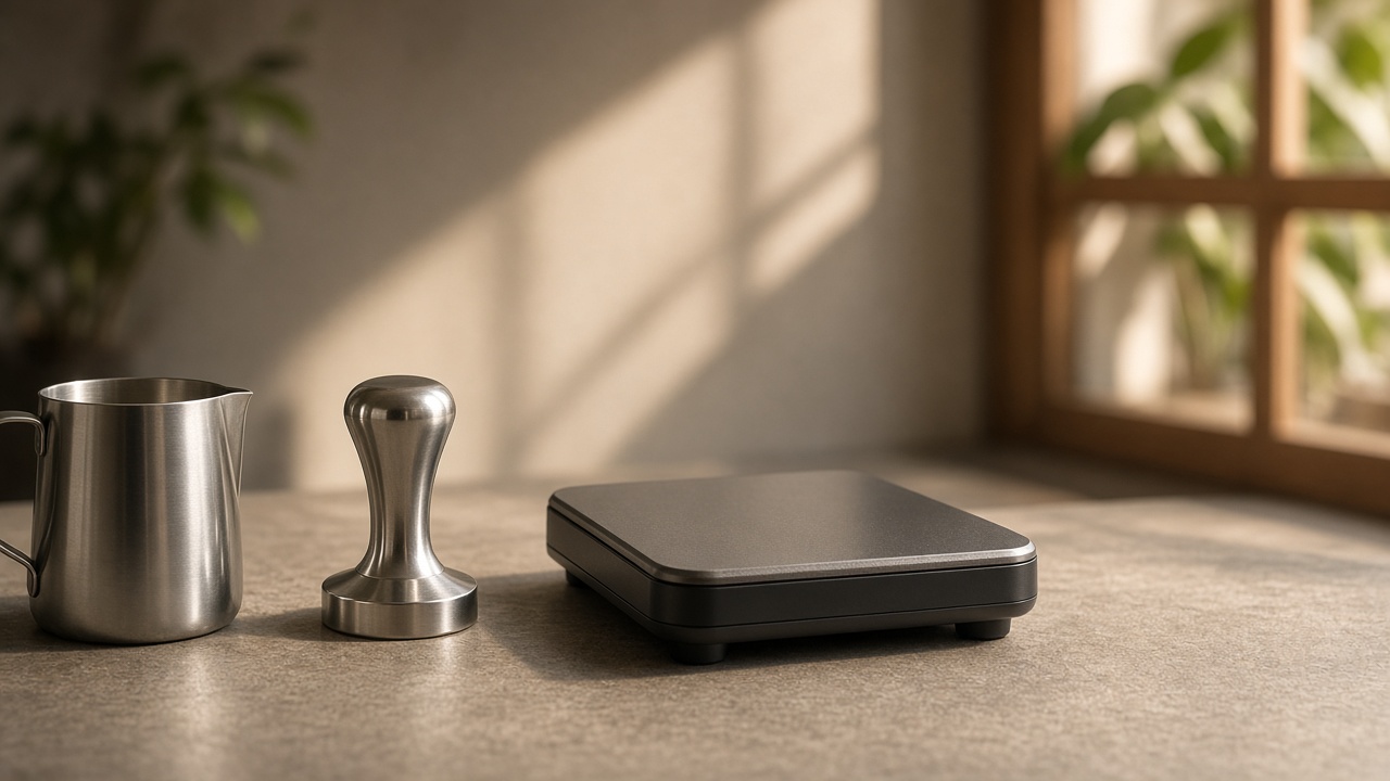 Tamper, balance café et pichet à lait sur un plan de travail