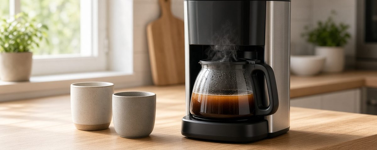 Cafetière filtre programmable avec verseuse en verre pleine de café fumant sur un plan de travail en bois, deux tasses à côté