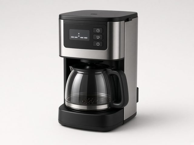 Cafetière filtre programmable noire et inox avec écran de minuterie et verseuse en verre, vue produit studio