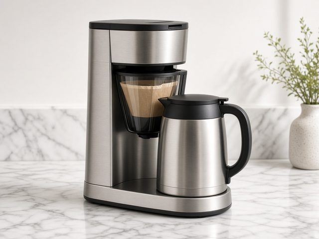 Cafetière filtre en inox brossé avec verseuse isotherme sur un plan de travail en marbre