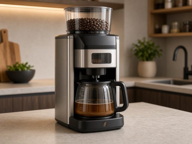 Cafetière filtre avec broyeur intégré, réservoir rempli de grains de café et verseuse en verre dans une cuisine moderne