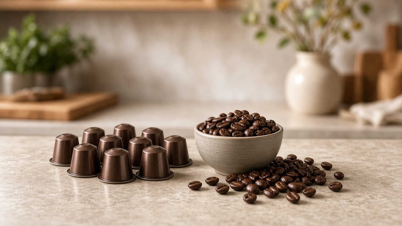 Capsules de café et grains de café côte à côte sur un plan de travail