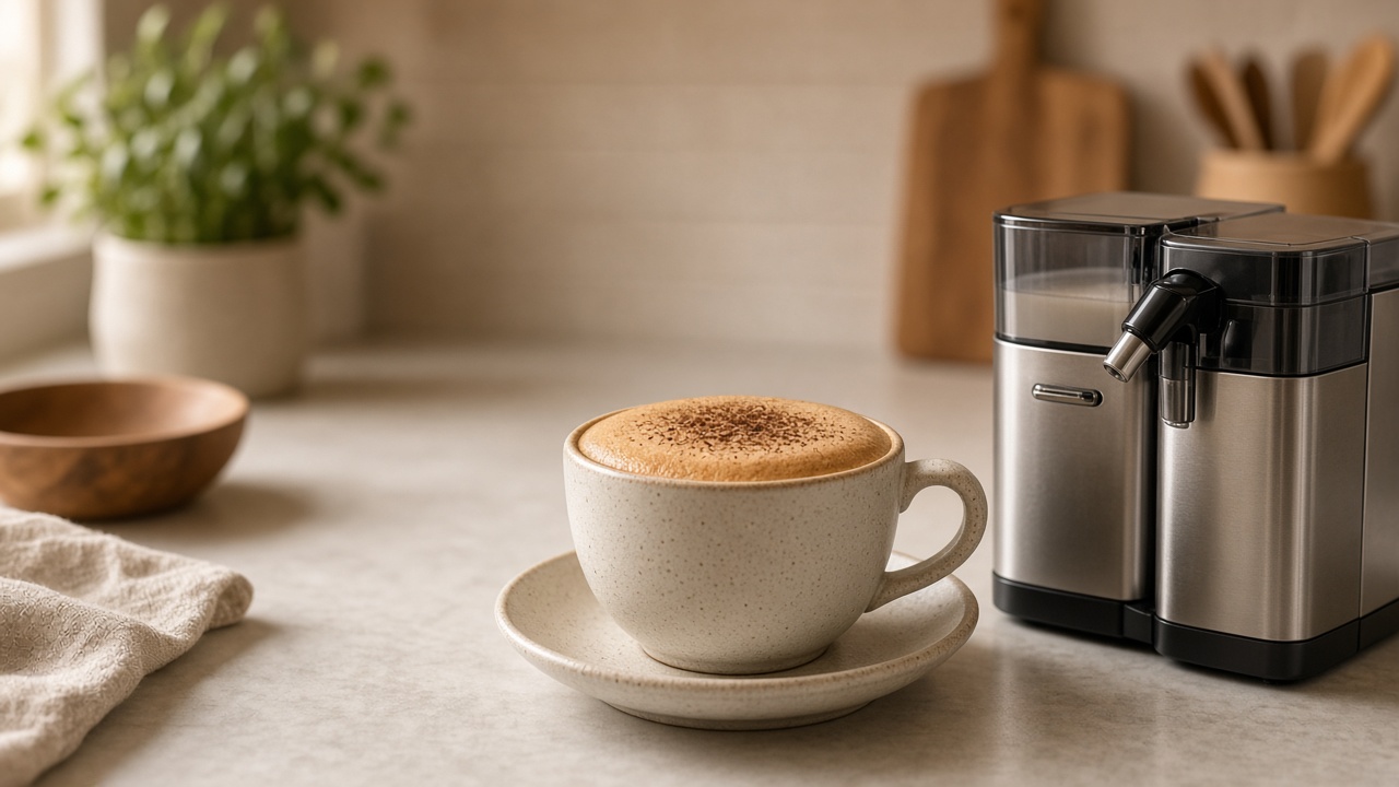 Cappuccino mousseux et carafe à lait de machine à café automatique