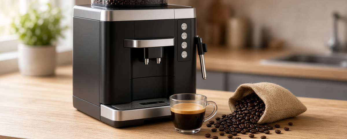 Machine à café automatique à grain noire et argent sur un plan de travail en bois, avec un expresso et des grains de café sortant d’un sac en toile