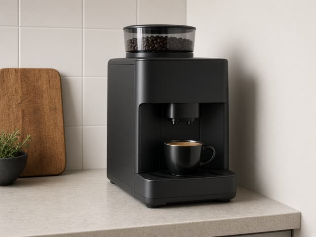 Machine à café automatique à grain compacte noir mat avec bac à grains transparent, une tasse d’expresso sous la buse, dans une petite cuisine