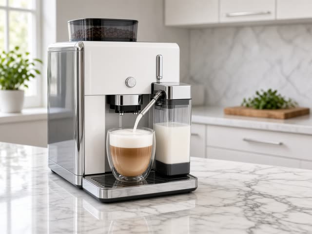 Machine à café à grain blanche et chromée avec carafe à lait automatique servant un cappuccino mousseux dans une tasse en verre