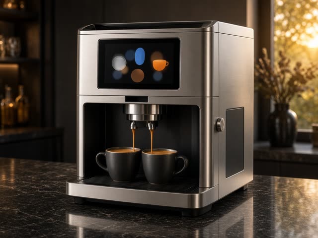 Machine à café automatique à grain en inox avec écran tactile couleur servant deux expressos en même temps sur un plan de travail en pierre sombre