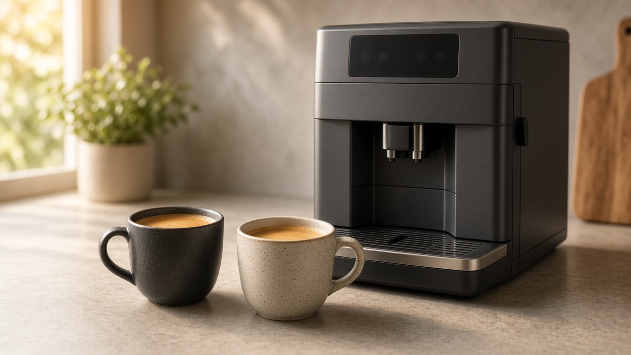 Deux tasses de café devant une machine automatique