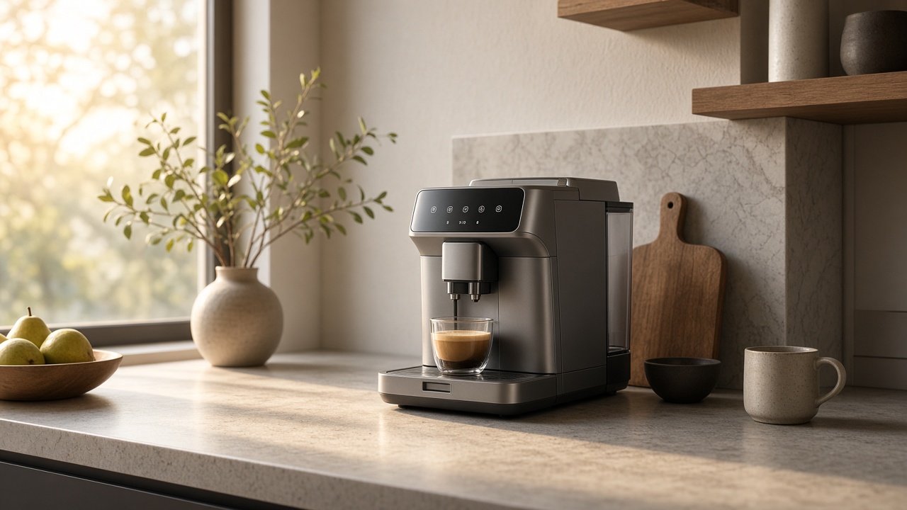 Machine à café dans une cuisine calme au petit matin