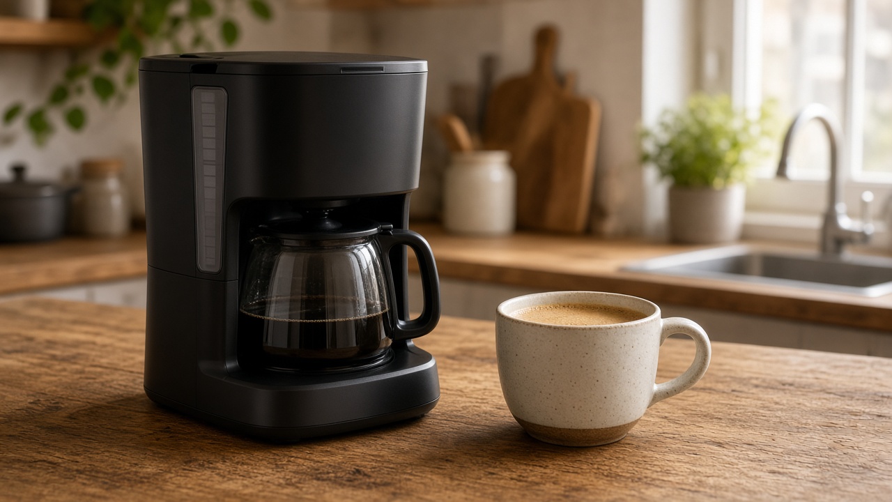 Machine à café abordable et tasse de café sur table de cuisine