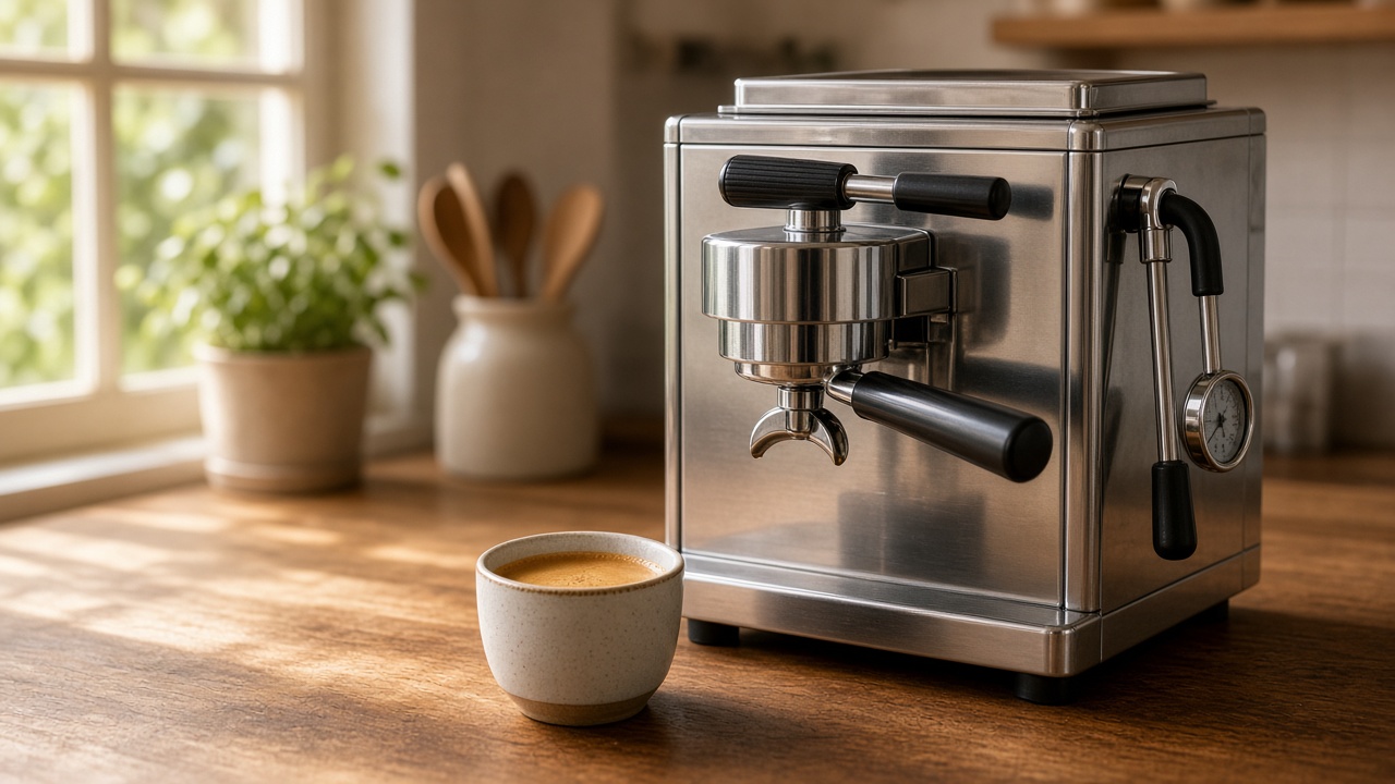 Machine espresso manuelle à levier en inox sur un comptoir en bois, une tasse d’expresso avec une belle crème posée devant
