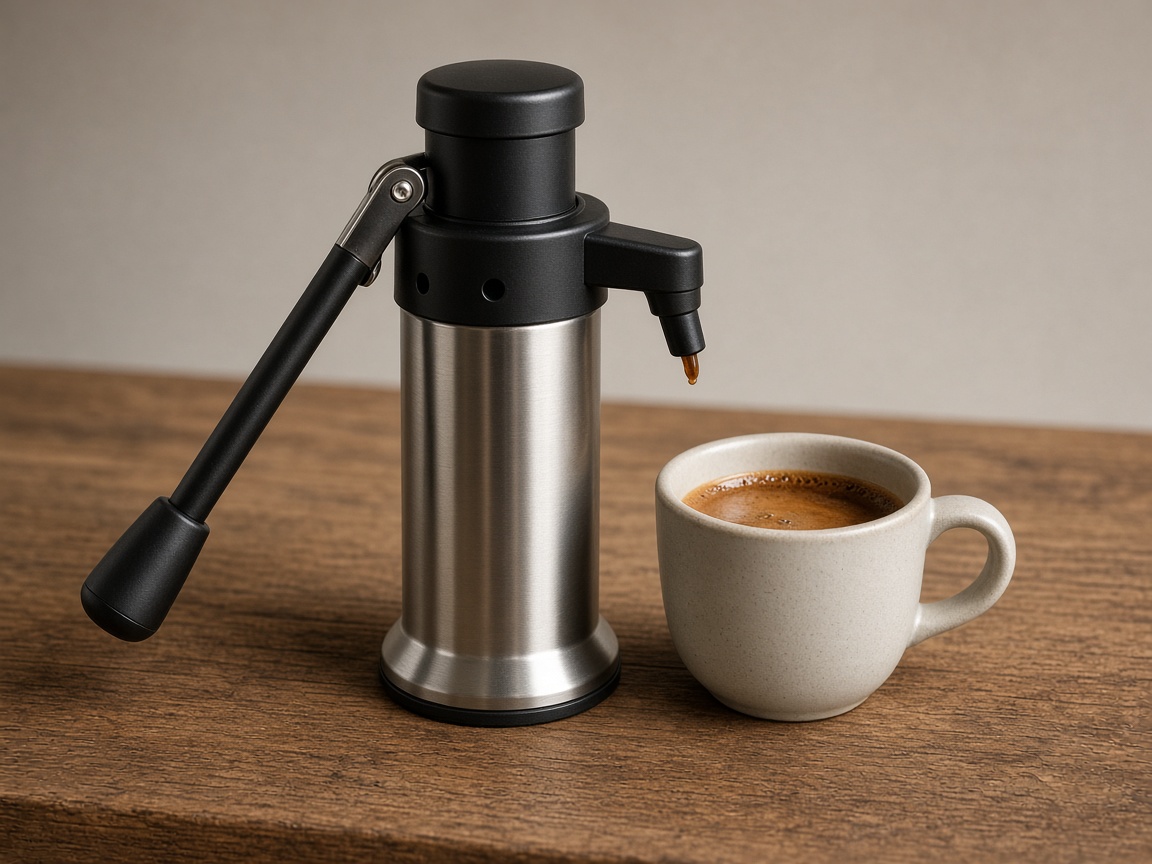 Machine espresso portable à pompe manuelle compacte posée sur une table en bois à côté d’une tasse d’expresso
