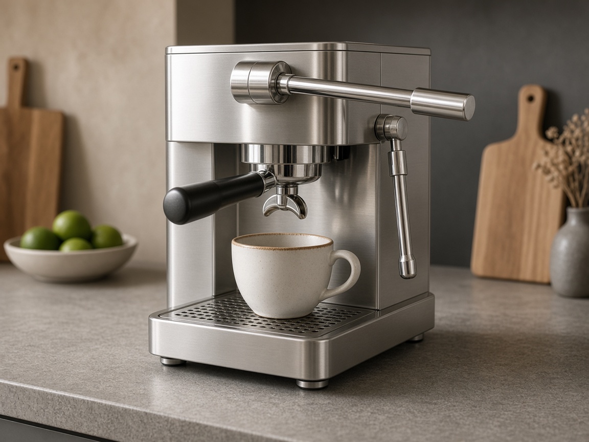 Machine espresso manuelle à levier en inox et aluminium sur un comptoir de cuisine, tasse en céramique sous le porte-filtre
