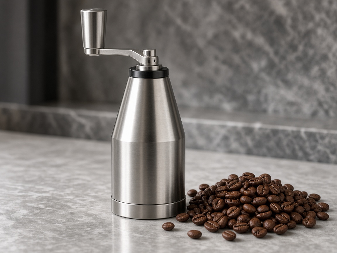 Moulin à café manuel à meules coniques en inox à côté de grains de café torréfiés sur un plan de travail