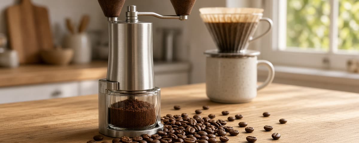 Moulin à café manuel en inox avec manivelle en bois sur un plan de travail en chêne, café moulu dans un réservoir en verre et grains de café éparpillés