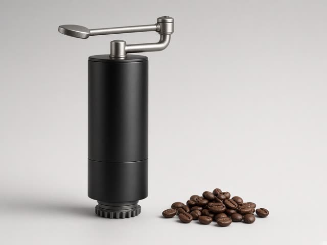 Moulin à café manuel compact noir mat avec manivelle repliable en métal, posé sur fond gris clair à côté d’un petit tas de grains de café