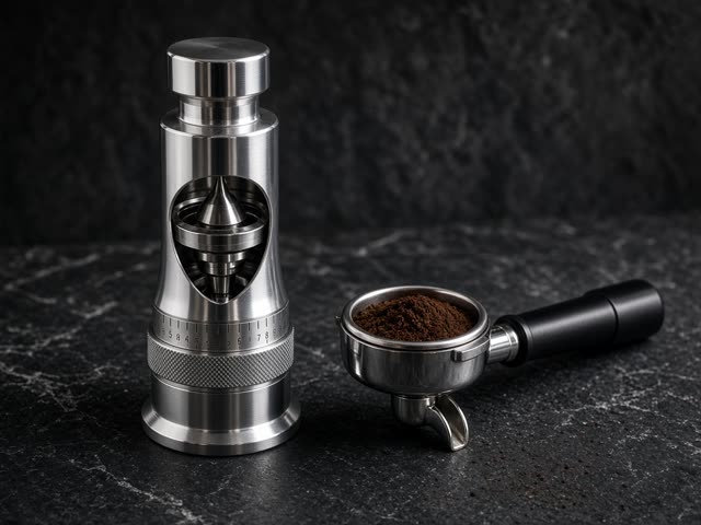Moulin à café manuel en aluminium poli avec meules coniques en acier visibles et bague de réglage graduée, à côté d’un porte-filtre rempli de café moulu fin sur un plan en pierre sombre