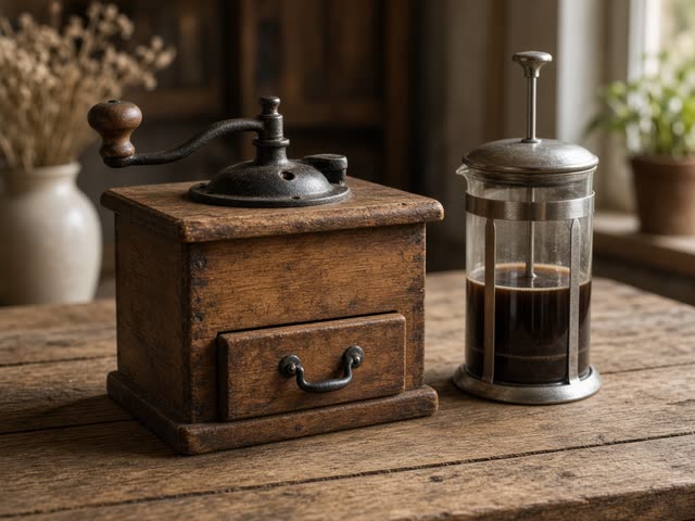Moulin à café traditionnel en bois avec manivelle en fonte et petit tiroir à café moulu, à côté d’une cafetière à piston sur une table de ferme rustique