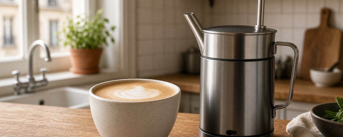 Cappuccino mousseux à côté d’un mousseur à lait électrique en inox dans une cuisine au petit matin