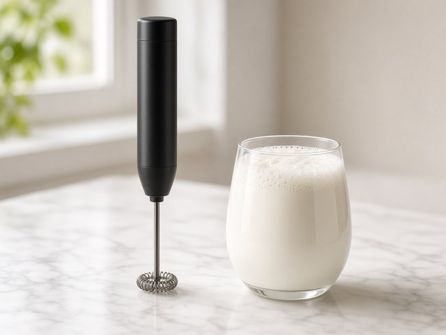 Fouet mousseur à lait à piles à côté d’un verre de lait mousseux