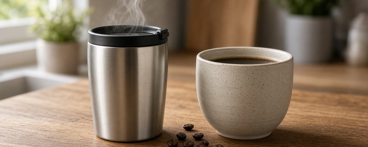 Mug isotherme en inox avec couvercle d’où s’échappe de la vapeur, à côté d’une tasse en céramique remplie de café sur un comptoir en bois