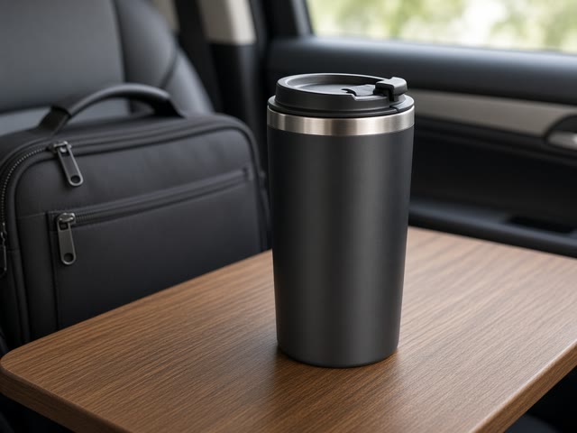 Mug de voyage isotherme noir mat en inox avec couvercle anti-fuite posé sur une tablette en bois à côté d’un sac d’ordinateur