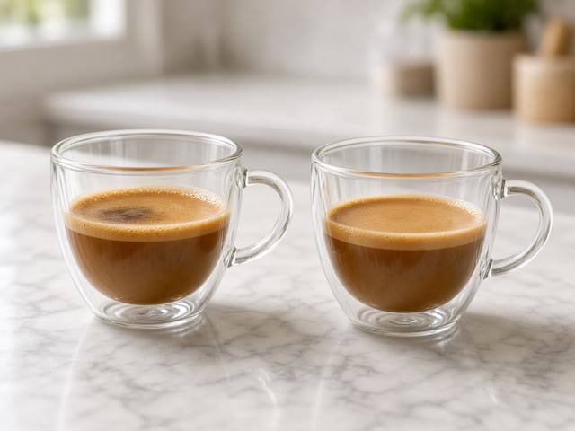 Deux tasses à café en verre borosilicate double paroi remplies d’expresso avec de la crème, sur un plan de travail en marbre