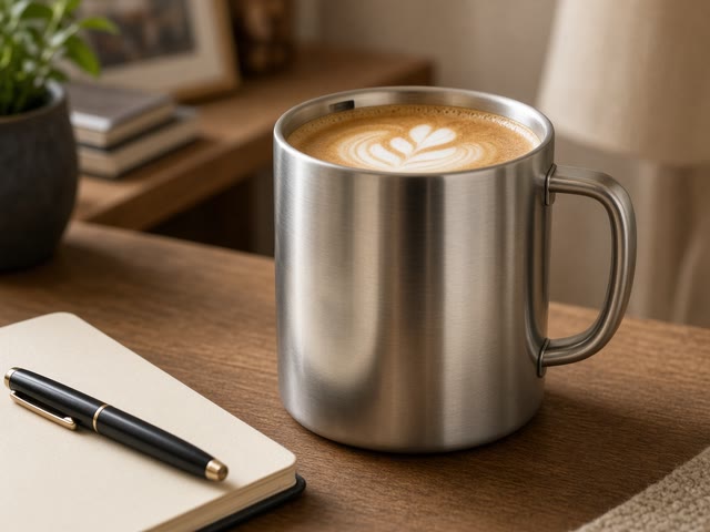 Grand mug isotherme en inox avec anse rempli d’un latte, posé sur un bureau à côté d’un carnet et d’un stylo