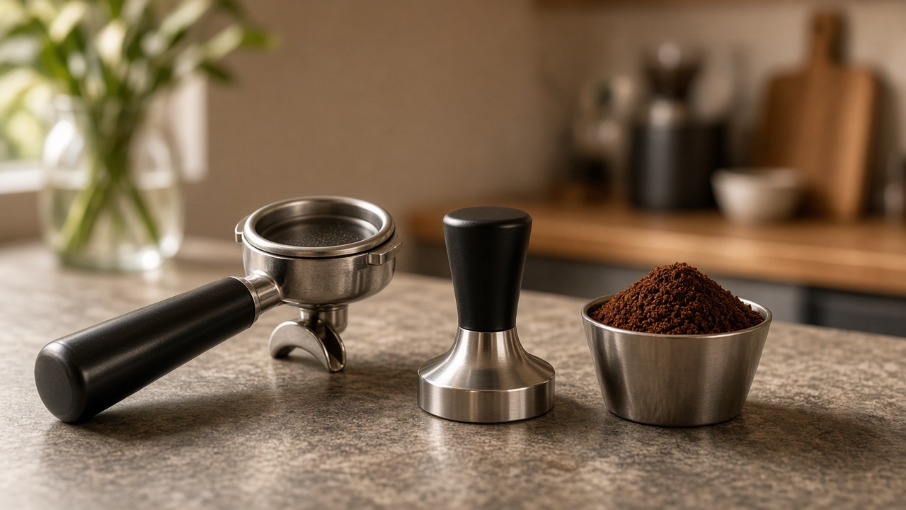 Porte-filtre espresso, tamper et mouture sur un comptoir de cuisine